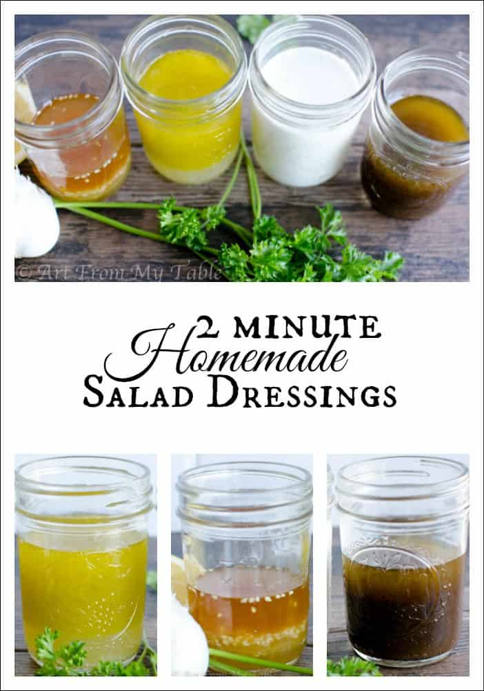 Four different types of salad dressings in jam jars. Asian, Balsamic Vinaigrette, Lemon garlic, blue cheese.