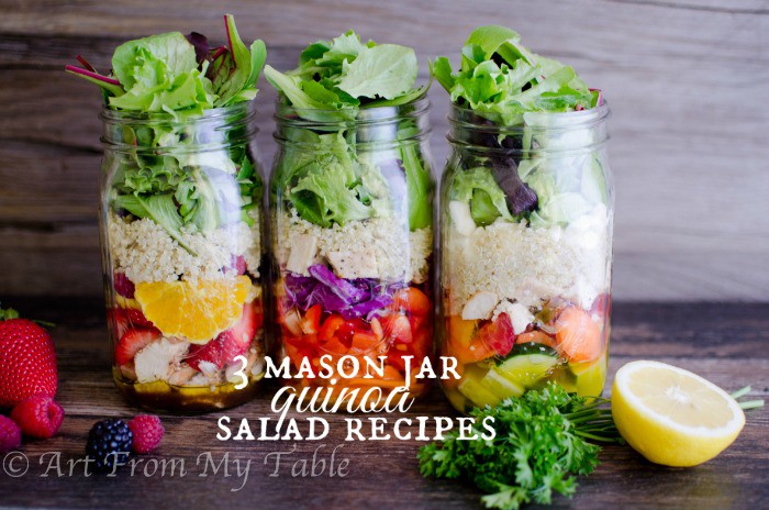 3 types of salads in mason jars with  quinoa. Spring mix with fruit, Asian, and Greek style.