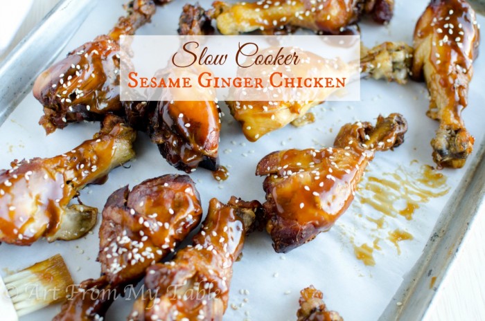 Slow Cooker Chicken drumsticks on a sheet pan with sesame ginger glaze.