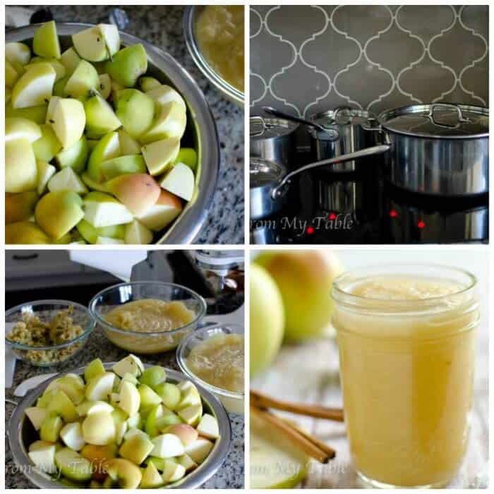 4 image collage showing in process steps to Sugarless applesauce: quarter apples, cook on the stove, run through a food mill, store in a jar.