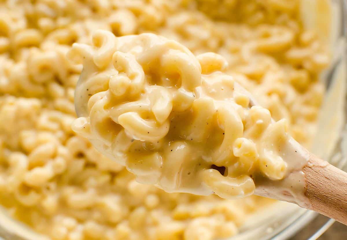 spoonful of creamy homemade mac and cheese. 