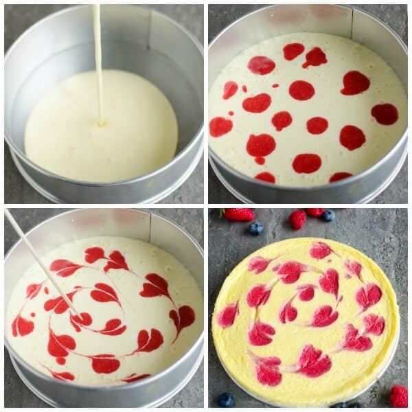 4 picture collage of how to add a strawberry swirl to cheesecake: 1-pour cheesecake batter into springform pan; 2-add drops of strawberry sauce; 3- drag toothpick through the strawberry 'dots'; 4-bake.