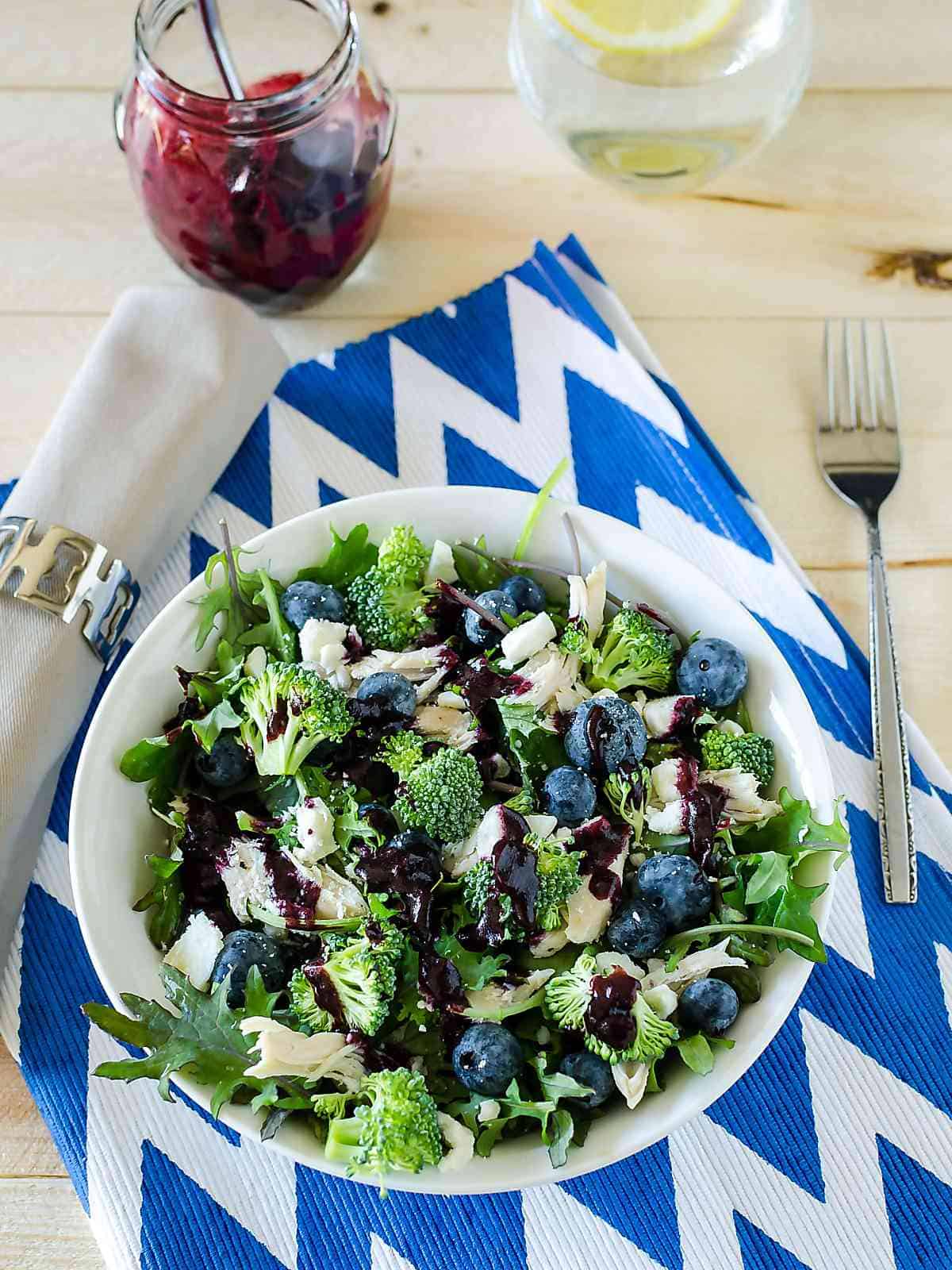 baby kale broccoli salad with blueberries