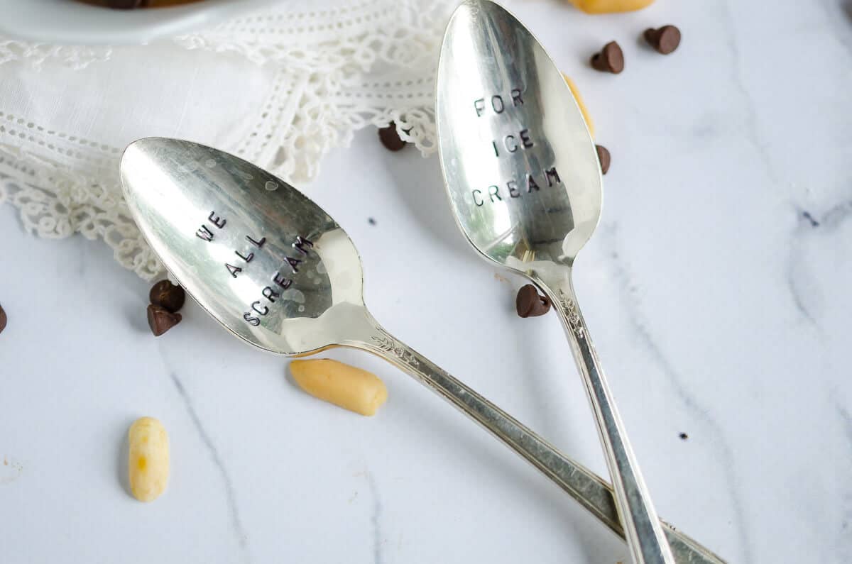 two spoons on a counter, one reads 'we all scream' the other one reads 'for ice cream'. peanuts and chocolate chips scattered around them.