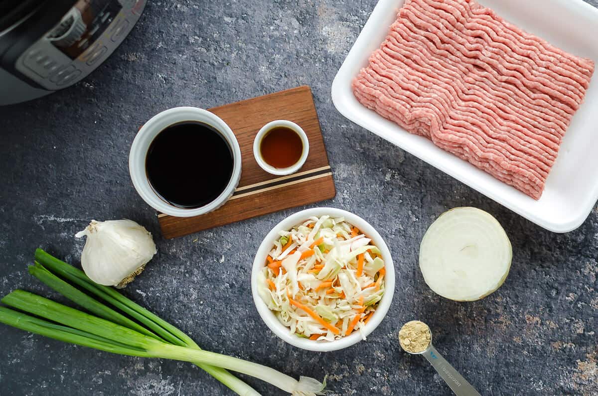 ingredients for egg roll in a bowl-- ground turkey, cole slaw, ginger, green onions, onion, chicken broth, sesame oil, garlic