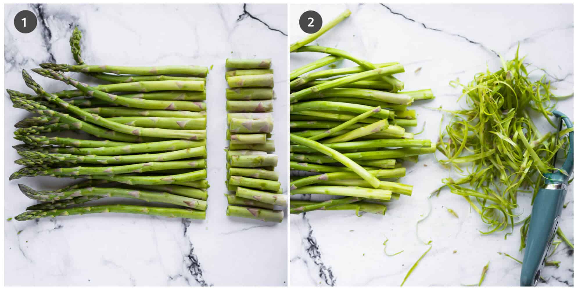collage of 2 photos showing how to prepare asparagus for cookimg