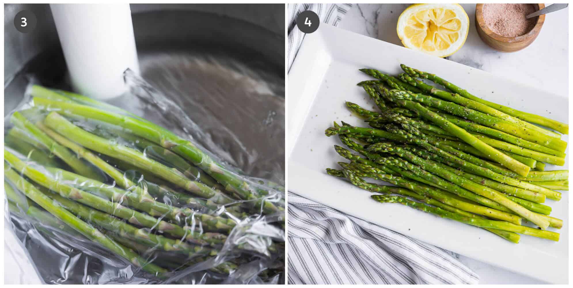collage of 2 photos showing asparagus during and after cooking with a sous vide wand