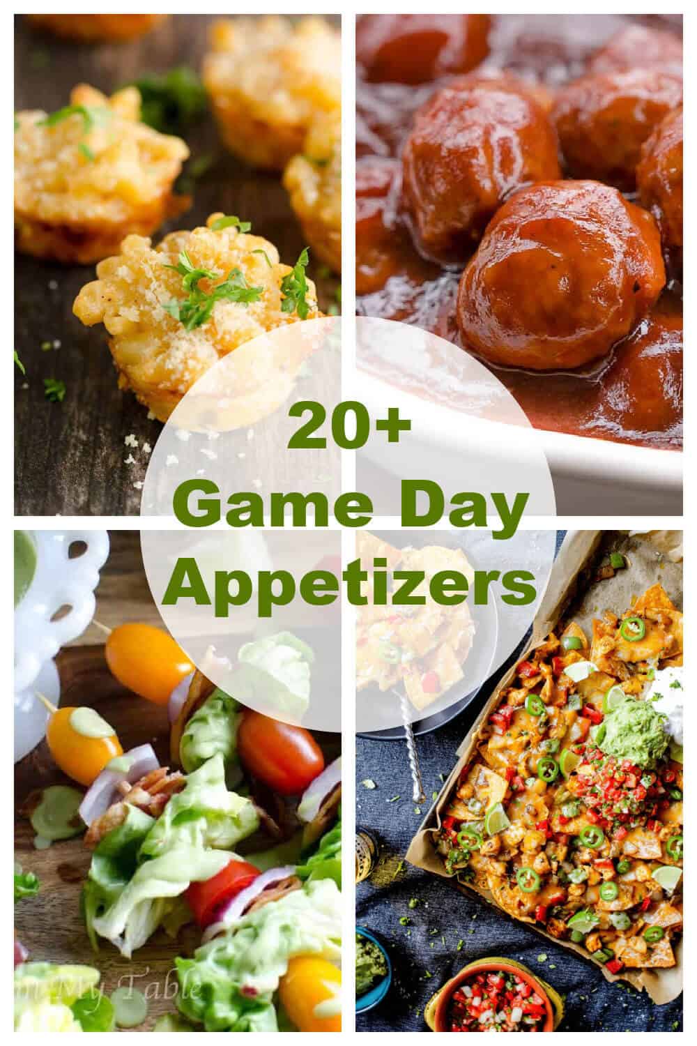 collage of four photos showing a sampling of game day appetizers. Lobster mac and cheese bites, meatballs, salad on a stick, and chicken fajita nachos