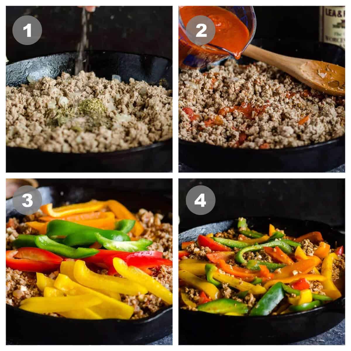 a collage of 4 photos showing steps to make unstuffed peppers; 1, browning meat/onions add spices; 2, adding sauce; 3, adding sliced peppers; 4, what it looks like after peppers are simmered.