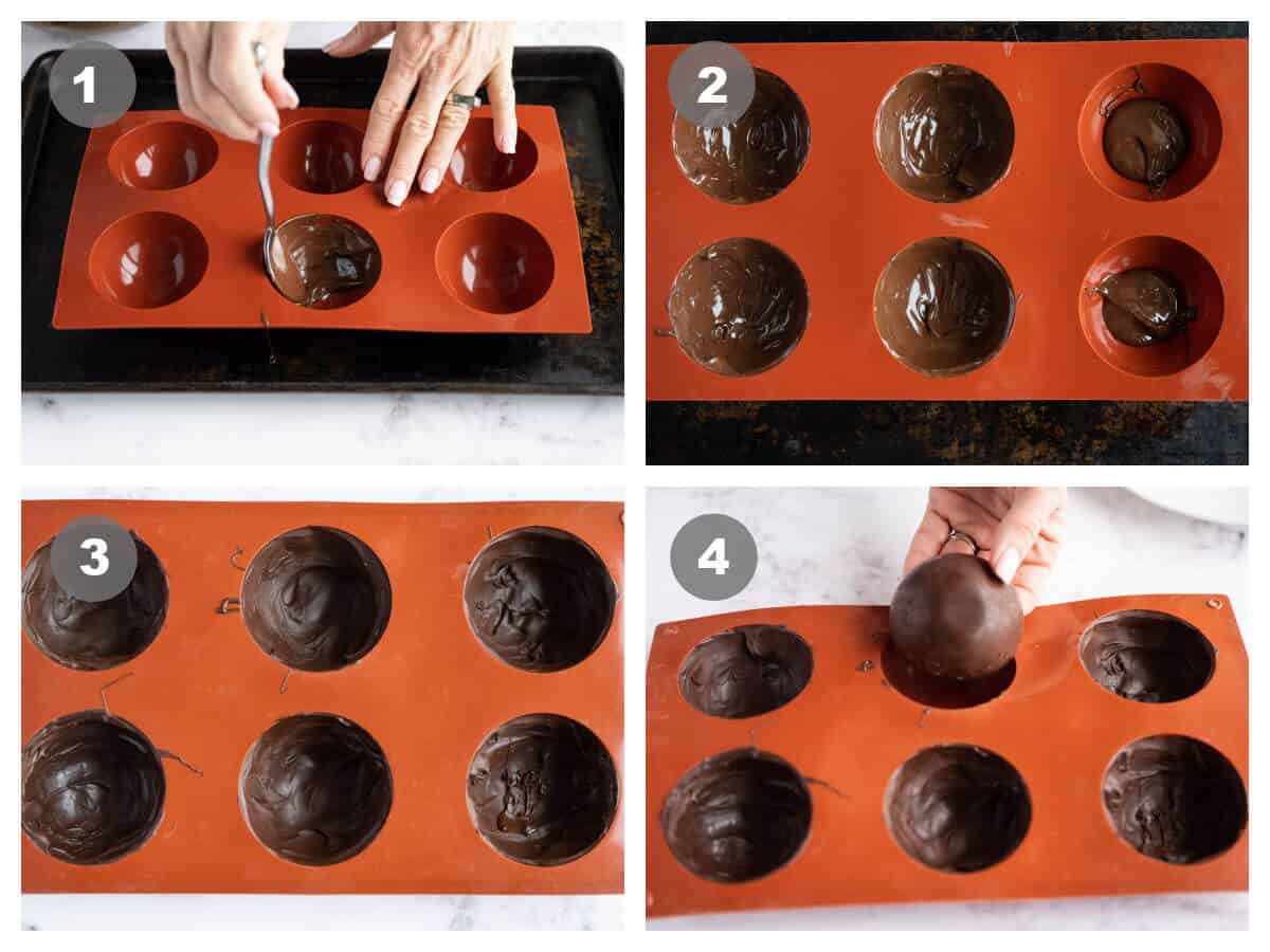 collage of 4 photos showing the steps to forming hot cocoa bombs in a silicone mold: fill, spread, set, remove.