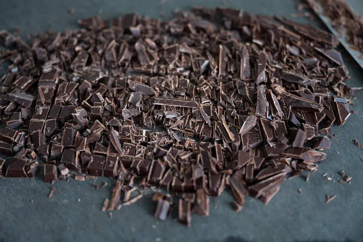 finely chopped dark chocolate on a cutting board