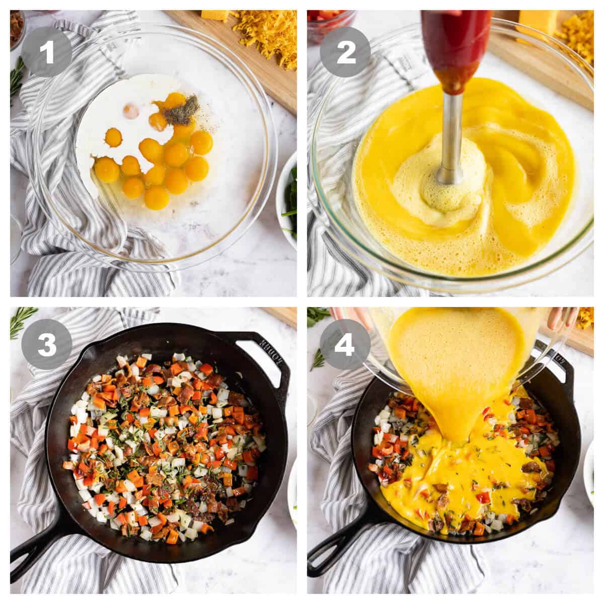 collage of 4 photos showing the first 4 steps to making a frittata