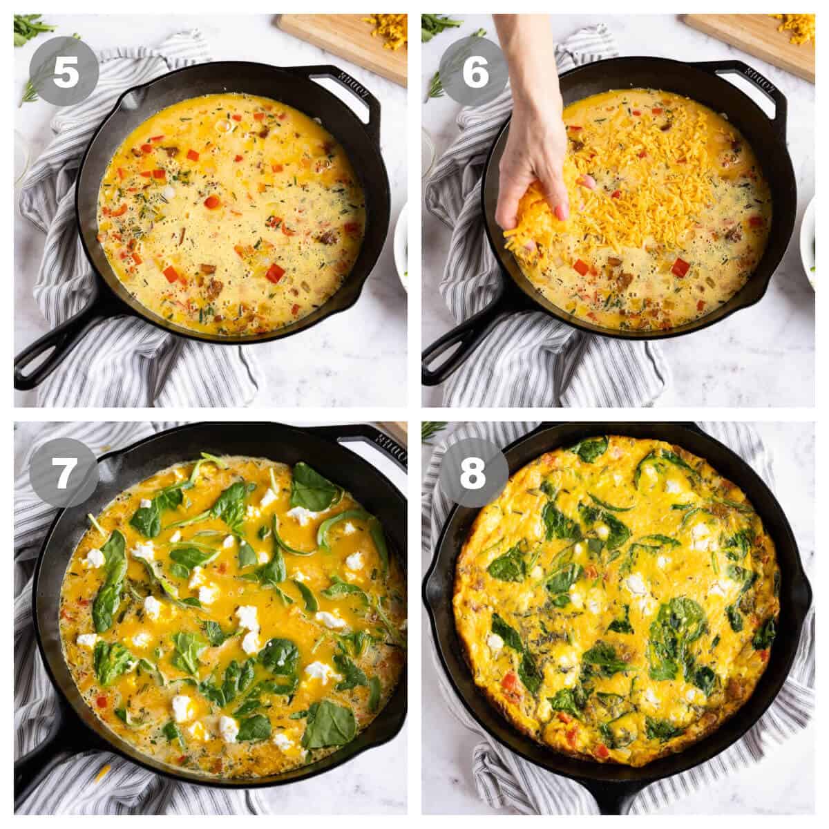 collage of 4 photos showing steps 5-8 of making a frittata