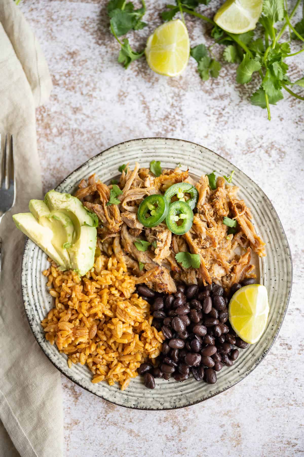 plate of carnitas with rice, beans, avocado and jalapeno