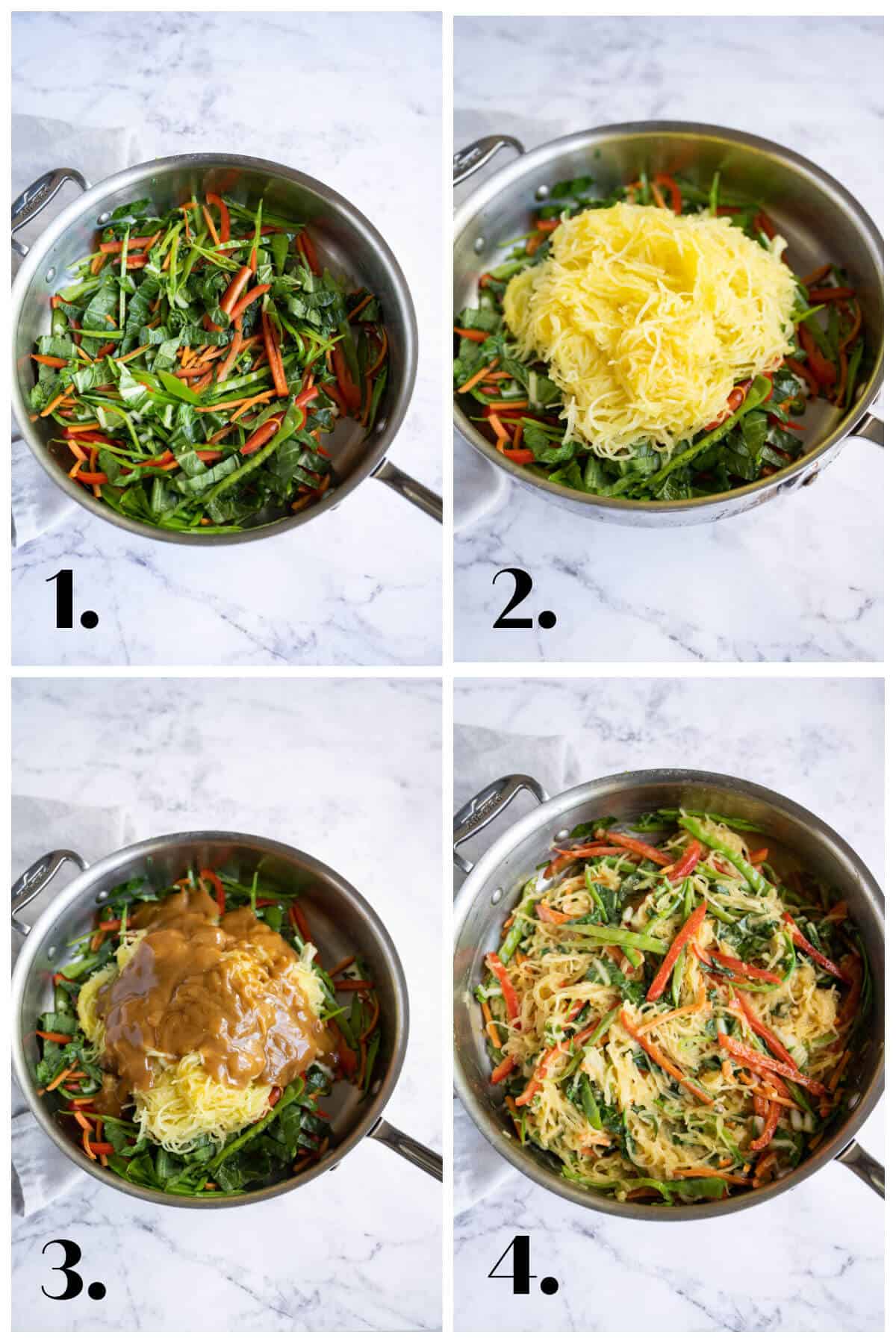 4 picture collage describing the steps to making asian spaghetti squash. 1. saute' vegetables; 2. add spaghetti squash noodles; 3. add sauce; 4. toss to coat.