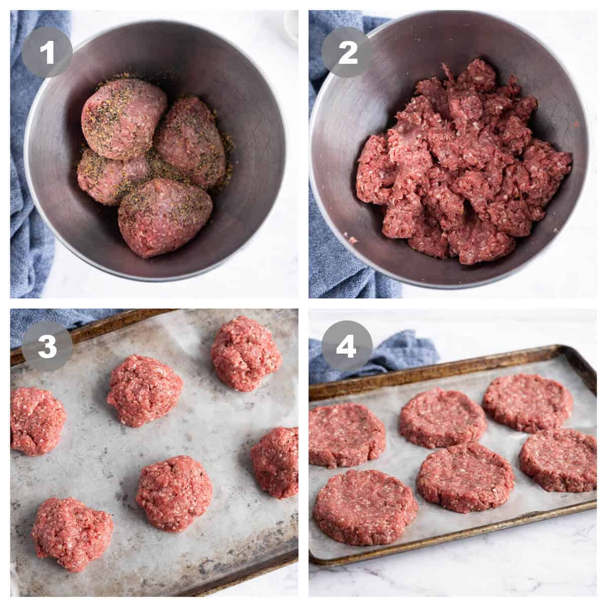 4 picture collage showing ground beef and seasonings before and after mixing, and raw meat portioned, then formed into patties