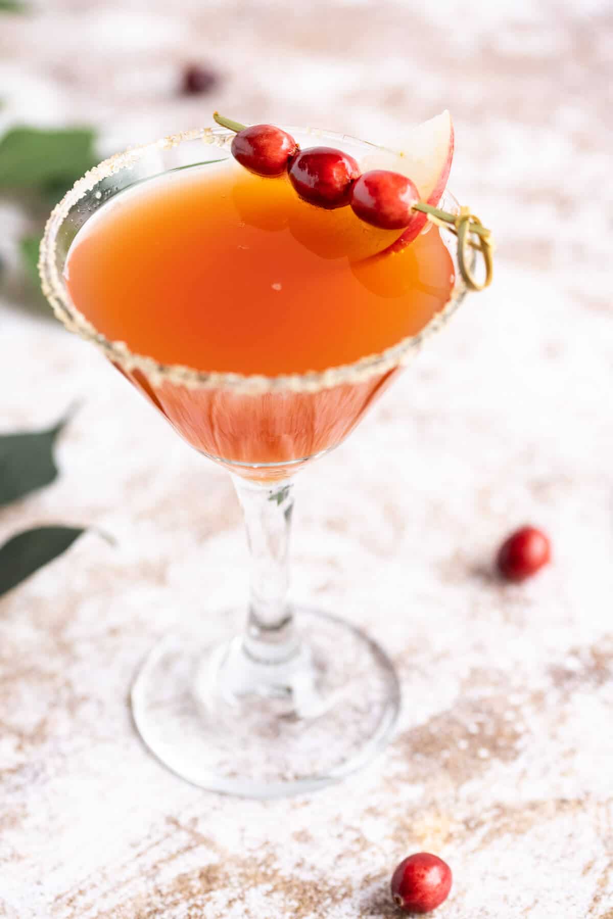 apple cider mocktail in a martini glass garnished with fresh cranberries.