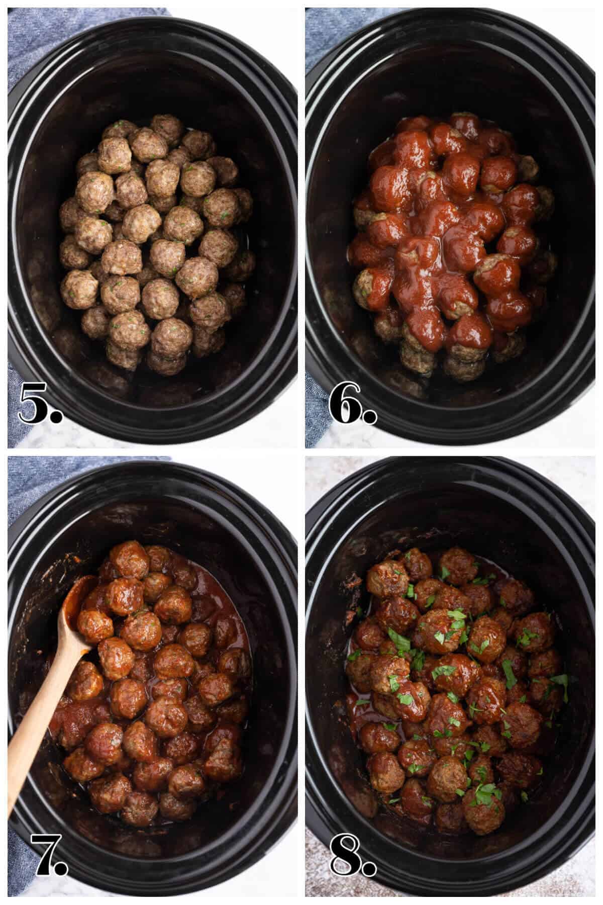 Four image collage showing how to make BBQ meatballs in a Crockpot.