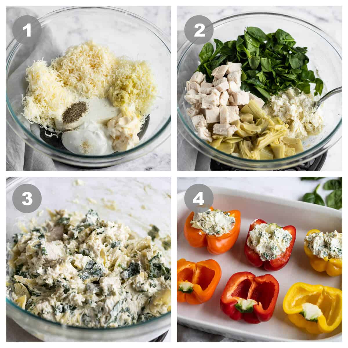 4 image collage showing how to make spinach and artichoke stuffed peppers