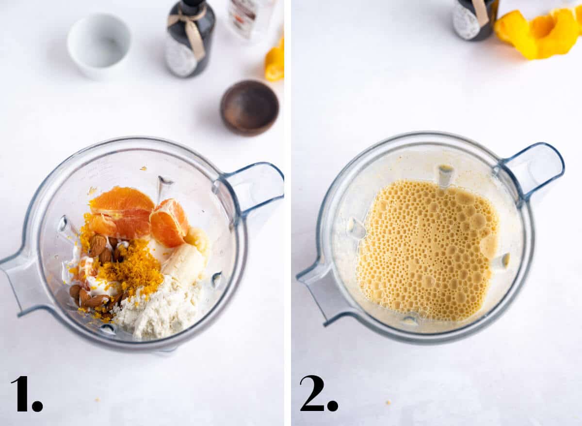 2 image collage showing how to make an orange creamsicle smoothie