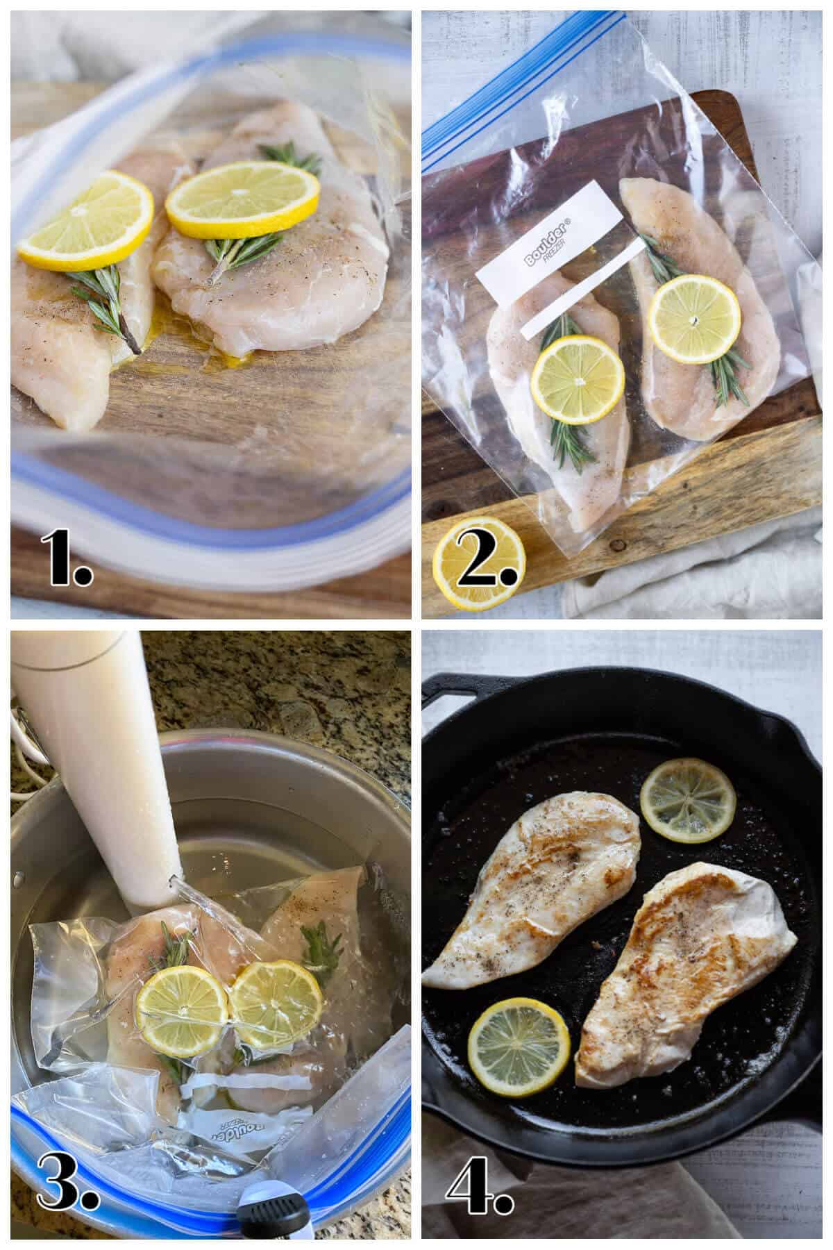 4 image collage showing the steps to cooking chicken by the sous vide method.