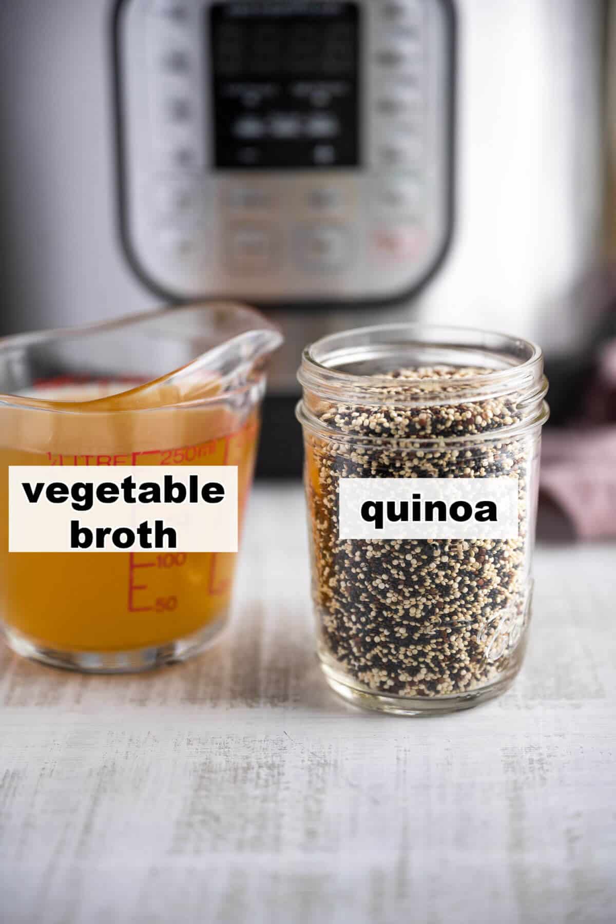 Ingredients to make quinoa in an instant pot: quinoa and vegetable broth.