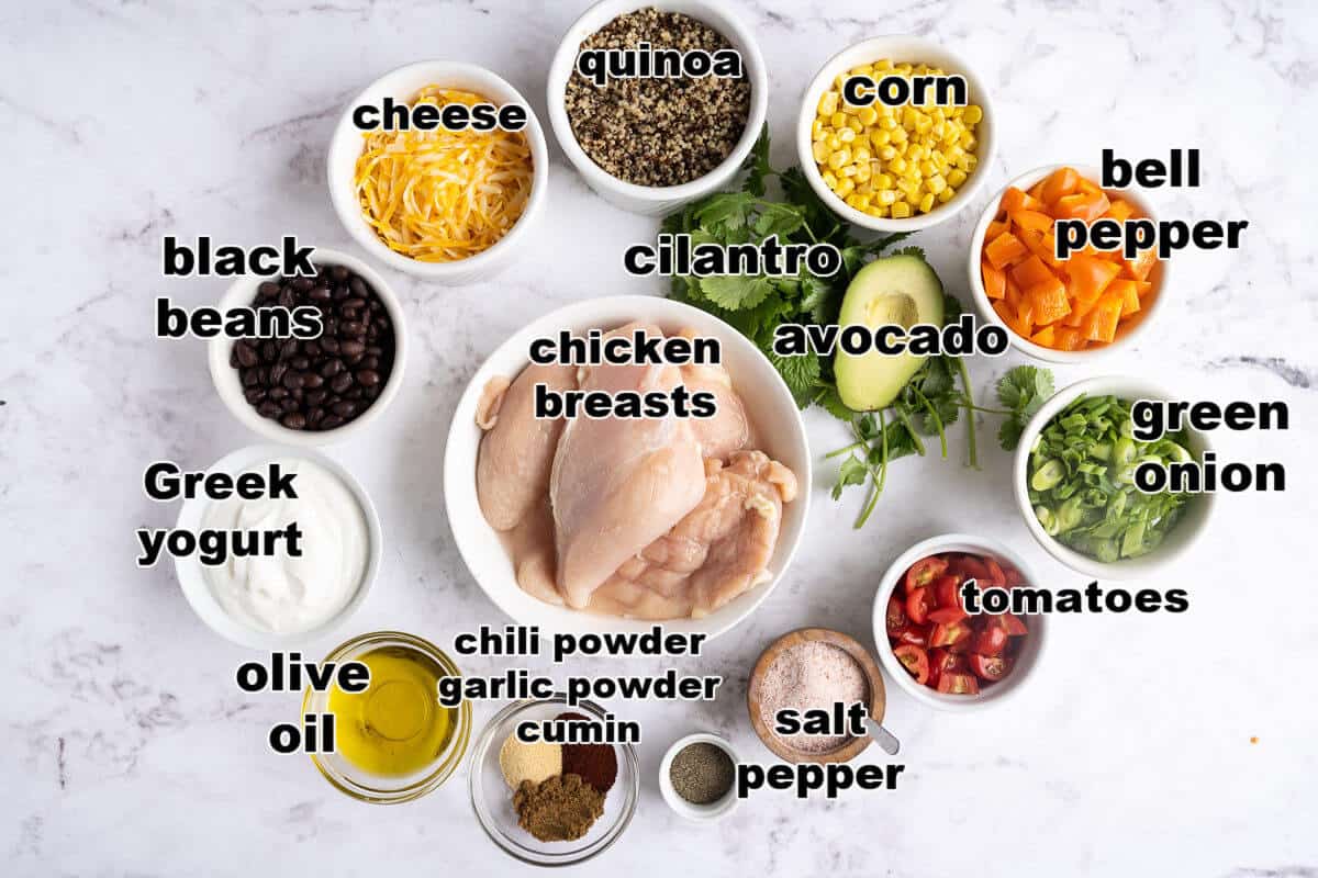 Ingredients to make chicken burrito bowls with quinoa.