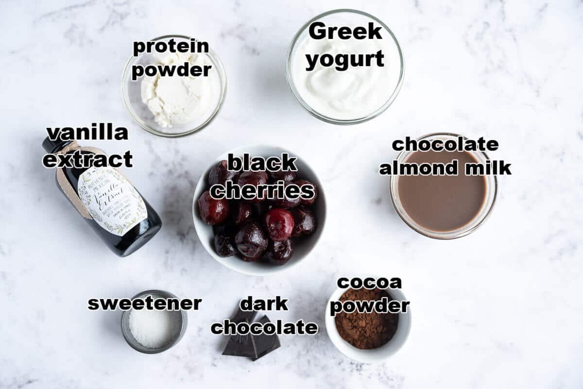 Ingredients to make a Chocolate Cherry Smoothie.