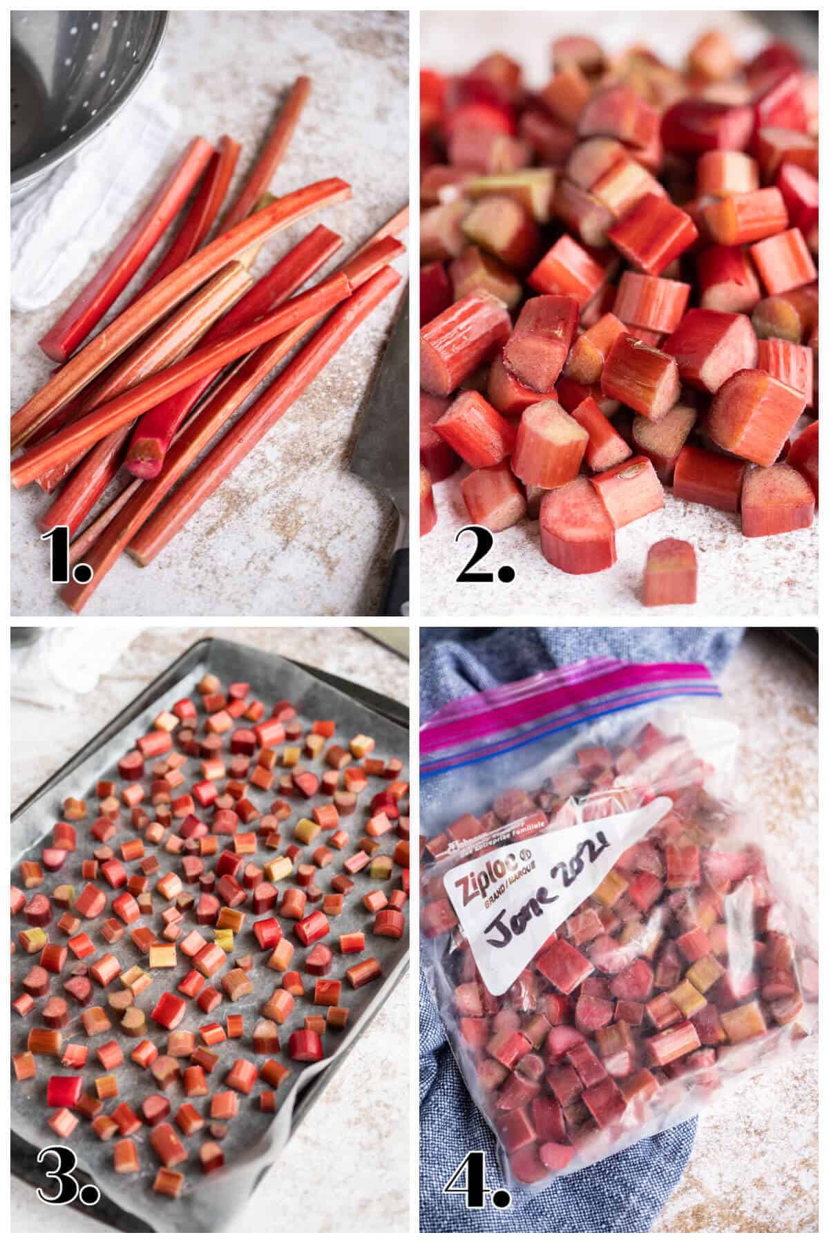 4 image collage showing the steps to freezing raw rhubarb. 1-wash, 2-cut, 3-place on pan, 4-bag.