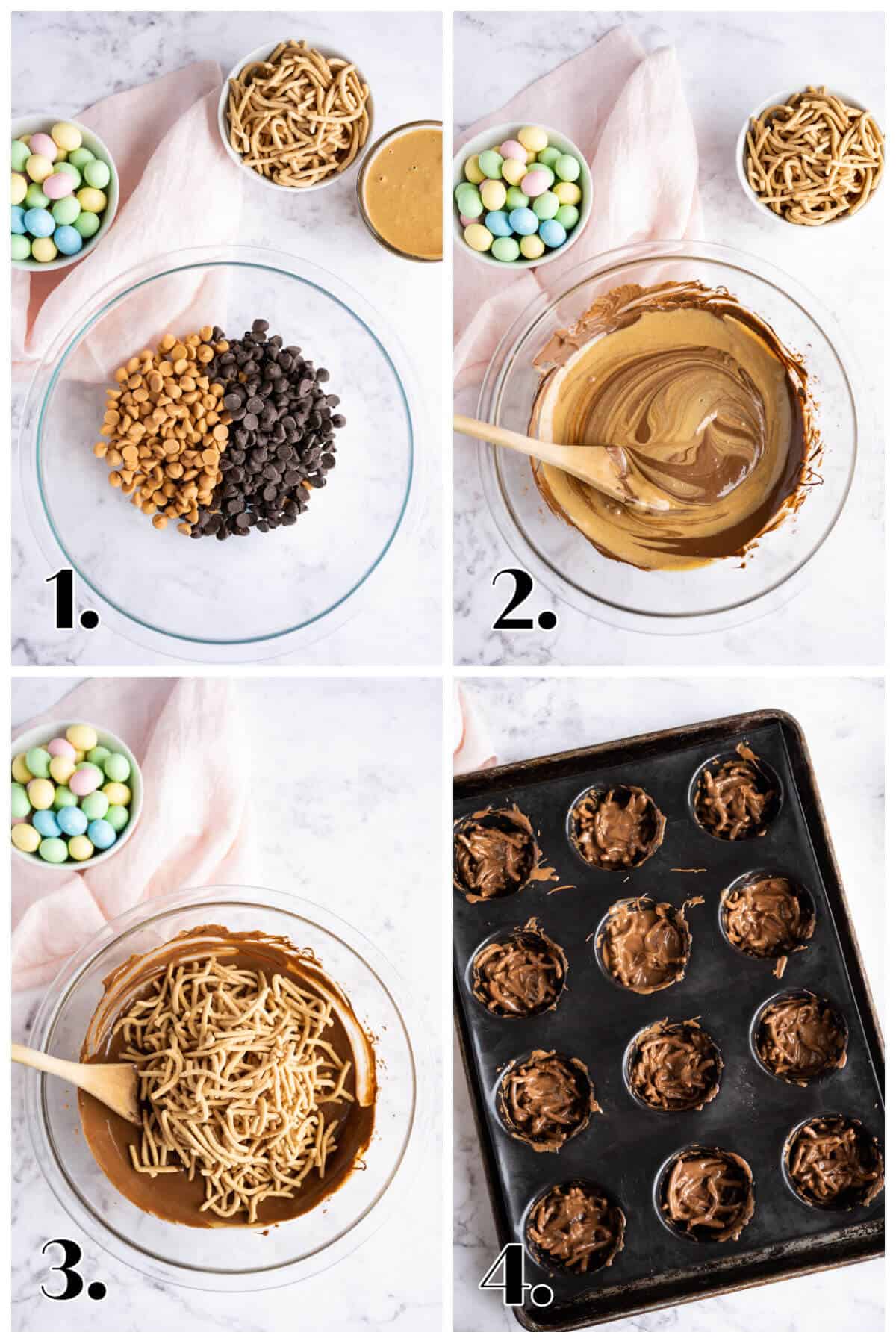 4 image collage showing steps to make Bird Nest Cookies. Melt chips, stir in peanut butter, stir in chow mein noodles, scoop into muffin pan.