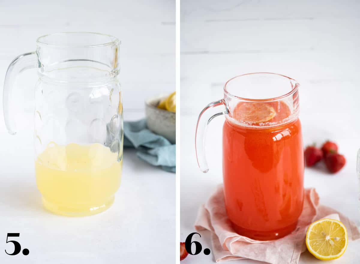 2-image collage showing the last two steps to make the lemonade: 5-lemon juice in a pitcher; 6-strawberry puree, simple syrup, and water added to the lemon juice in the pitcher.