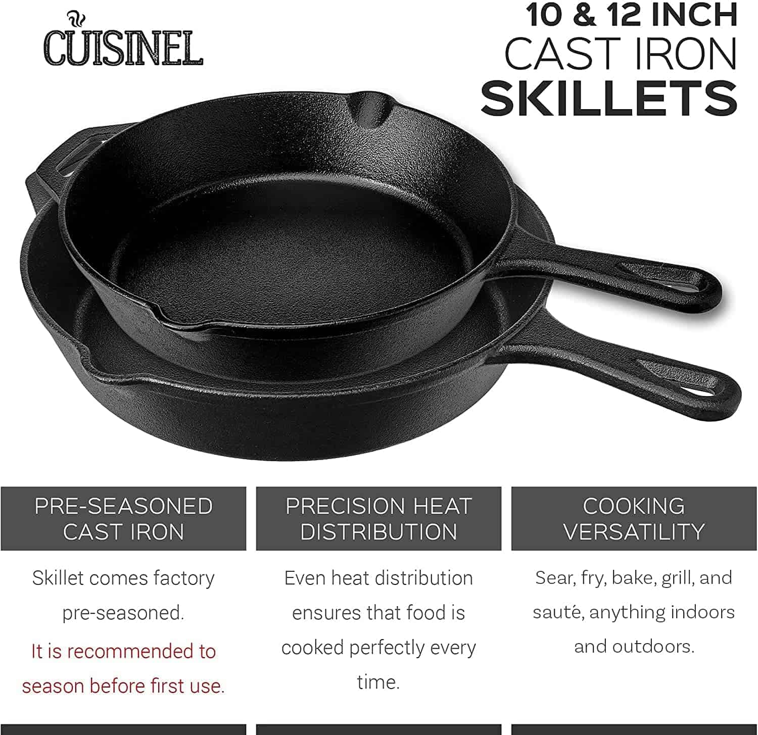 Cuisinel Versatile Pre Seasoned Cast Iron Skillet 3 Multi Sized