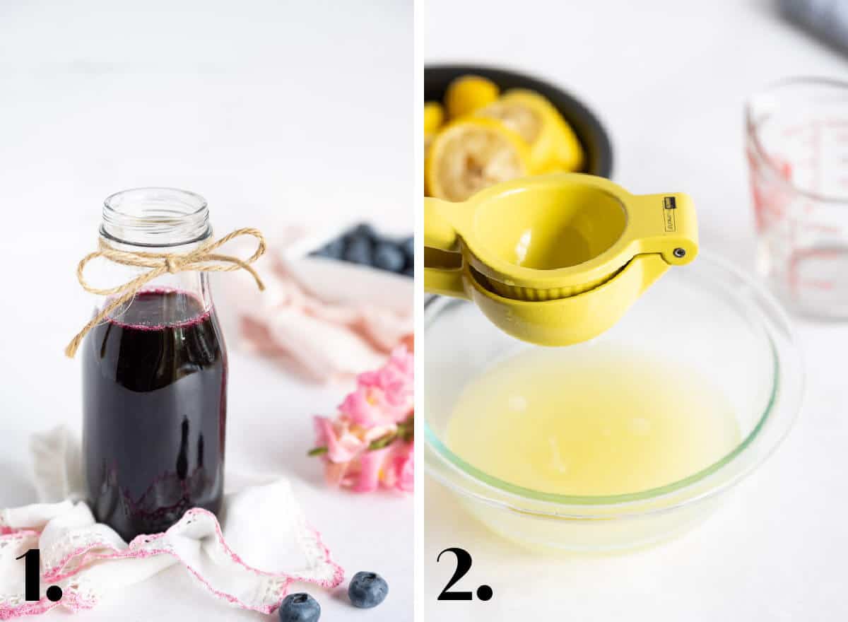 2 image collage showing how to make blueberry lemonade. 1- make blueberry simple syrup; 2- juice lemons with a citrus press