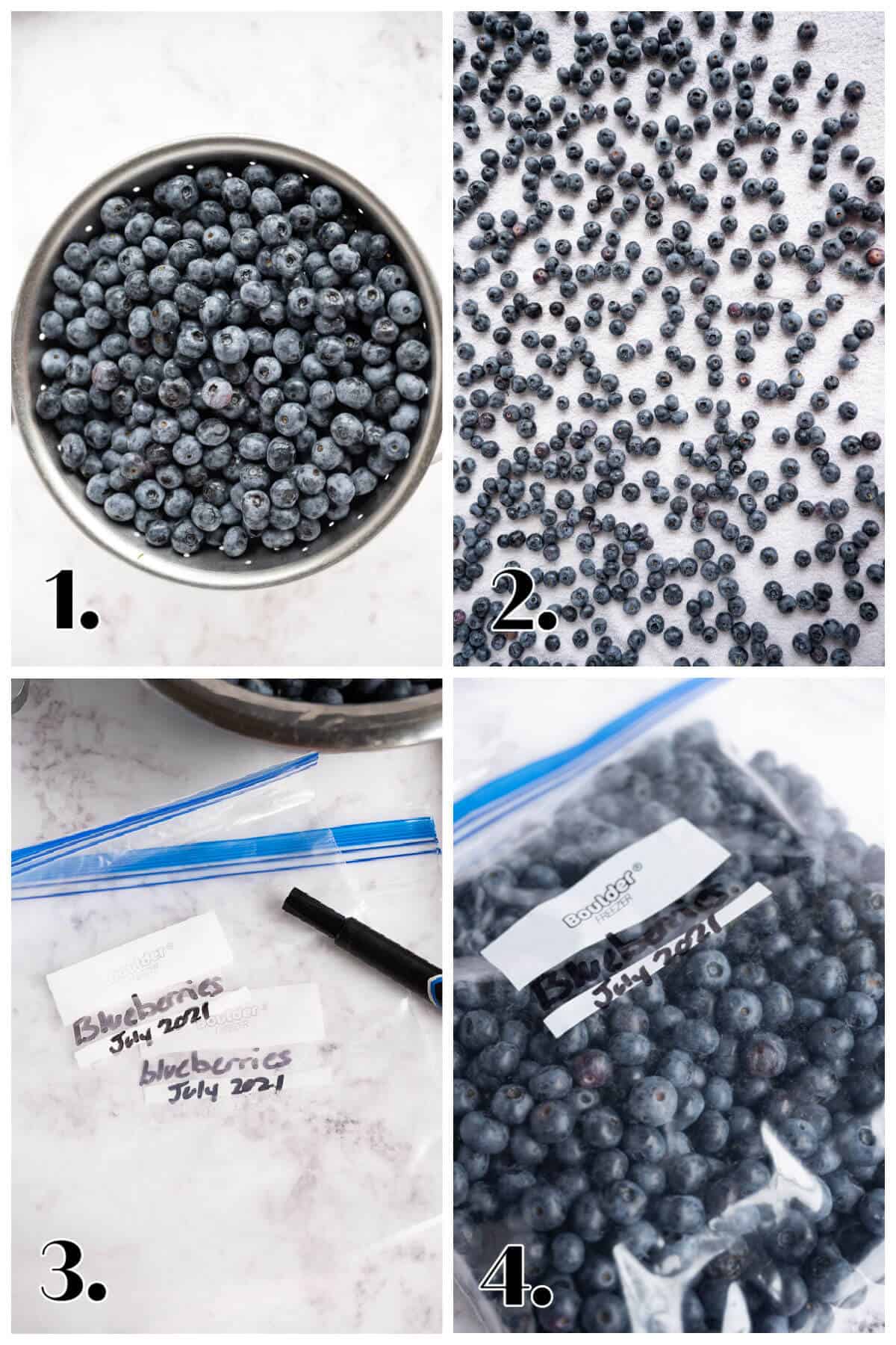 4 image collage showing steps to freezing blueberries: 1-wash blueberries; 2-air dry blueberries on a towel; 3. label freezer bags; 4-put berries in bags and freeze.