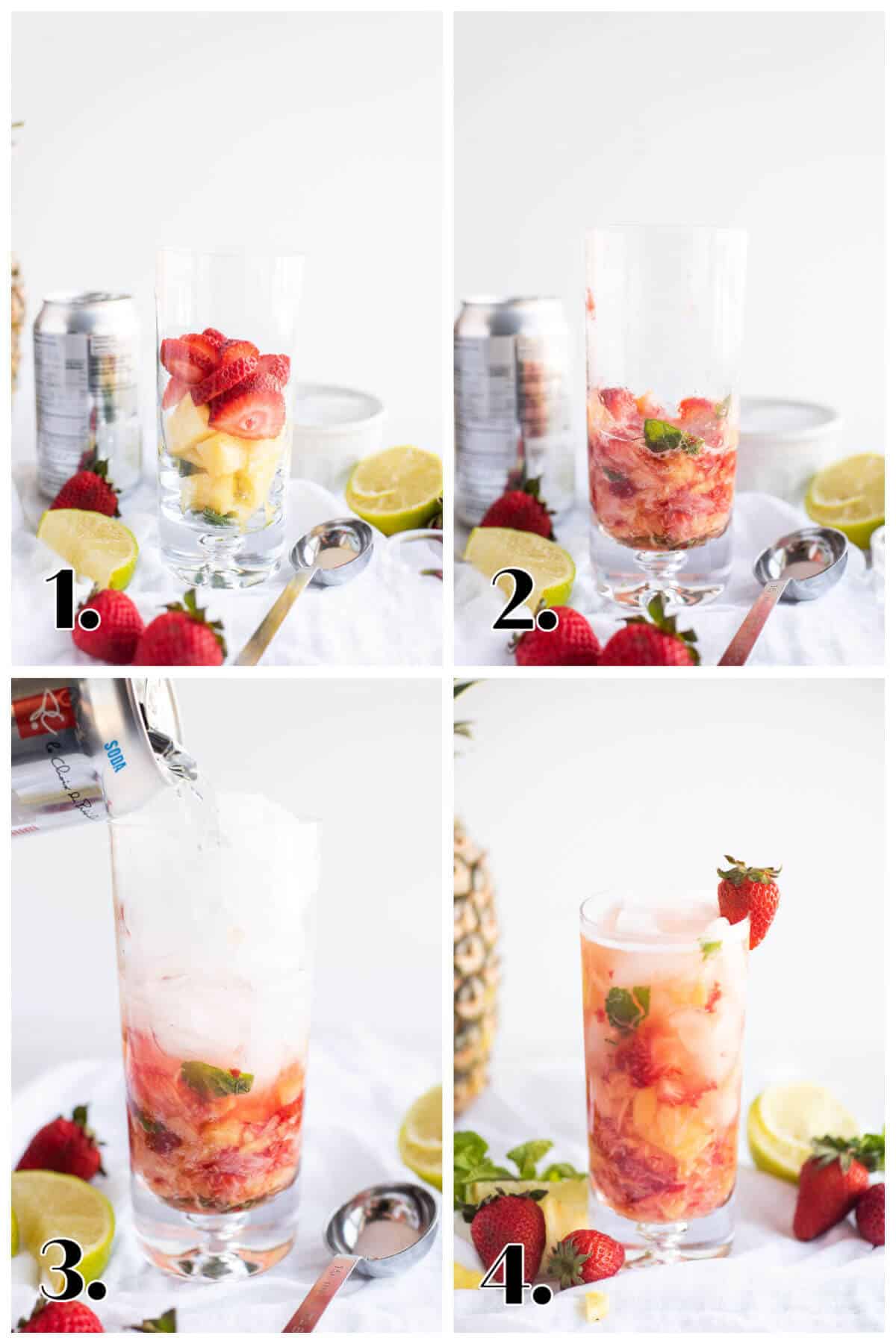 4 image collage showing how to make a strawberry pineapple mojito: 1-add fruit and mint to glass; 2-muddle fruit; 3-add sugar, rum extract, ice, and sparkling water; 4-stir and garnish.