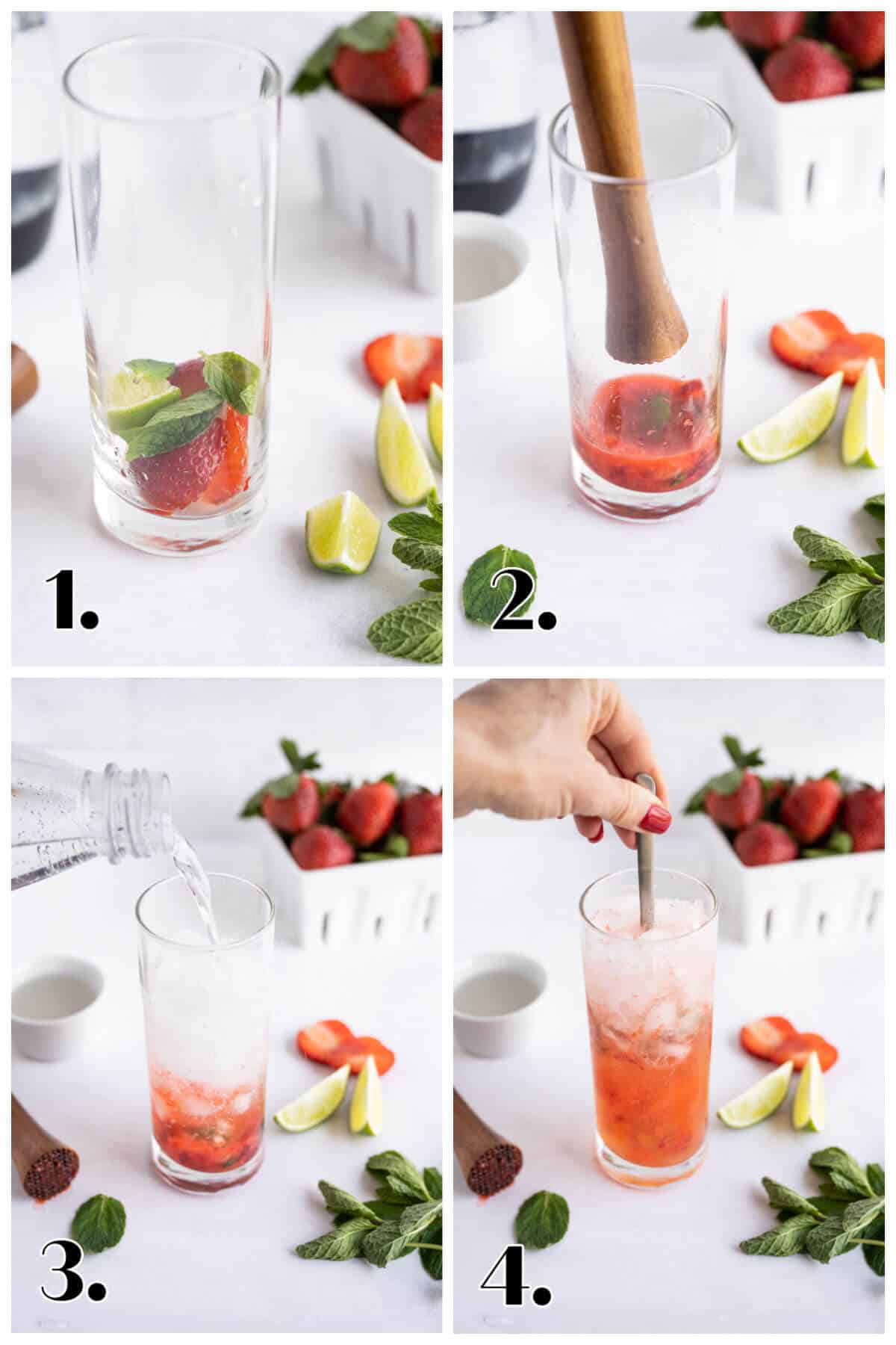 4 image collage showing how to make a strawberry mojito