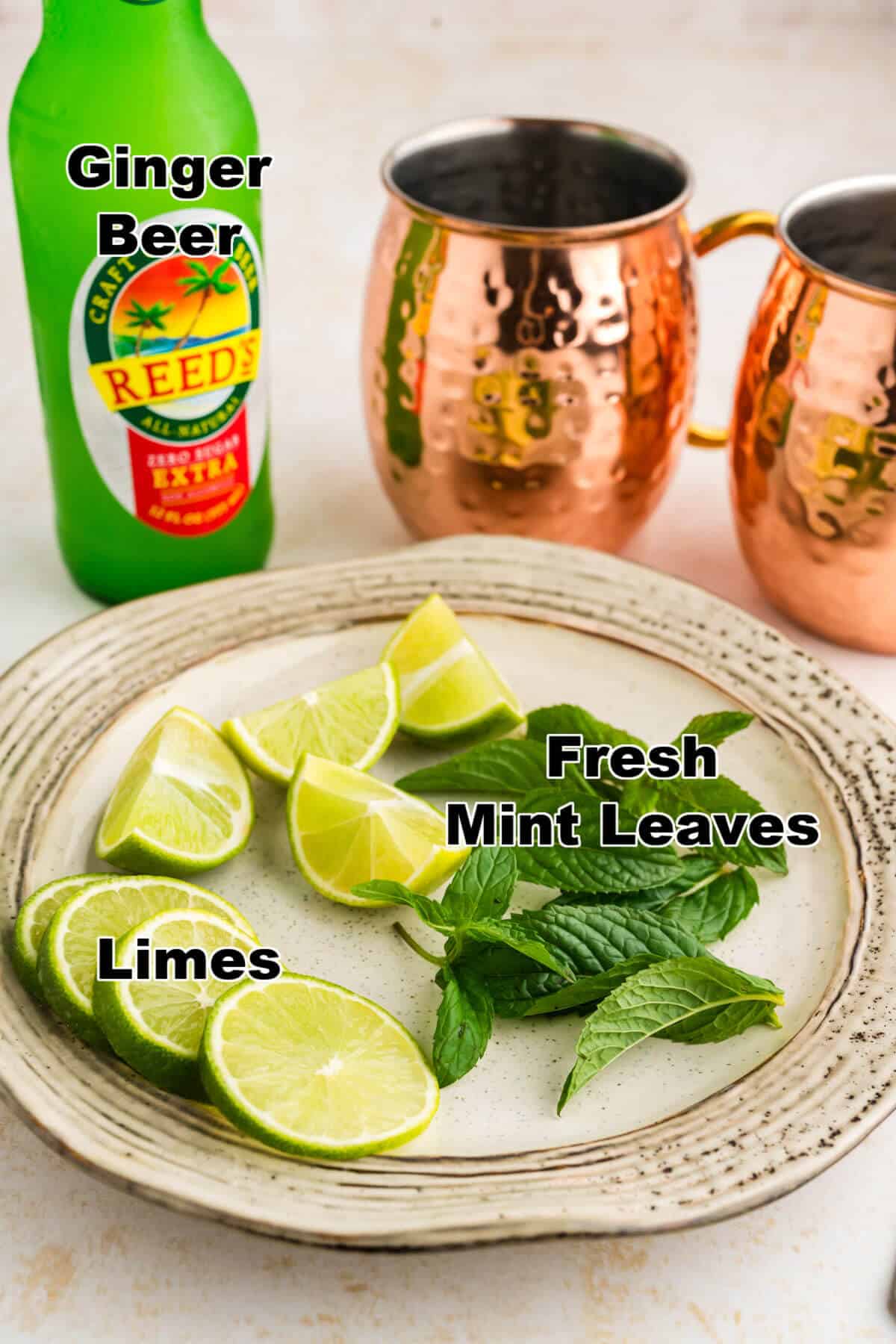Ingredients to make a virgin Moscow Mule.