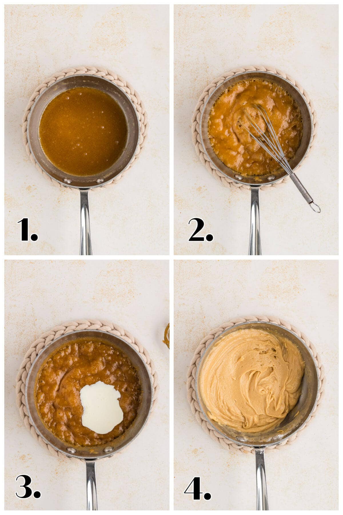 4-image collage showing how to make caramel icing.
