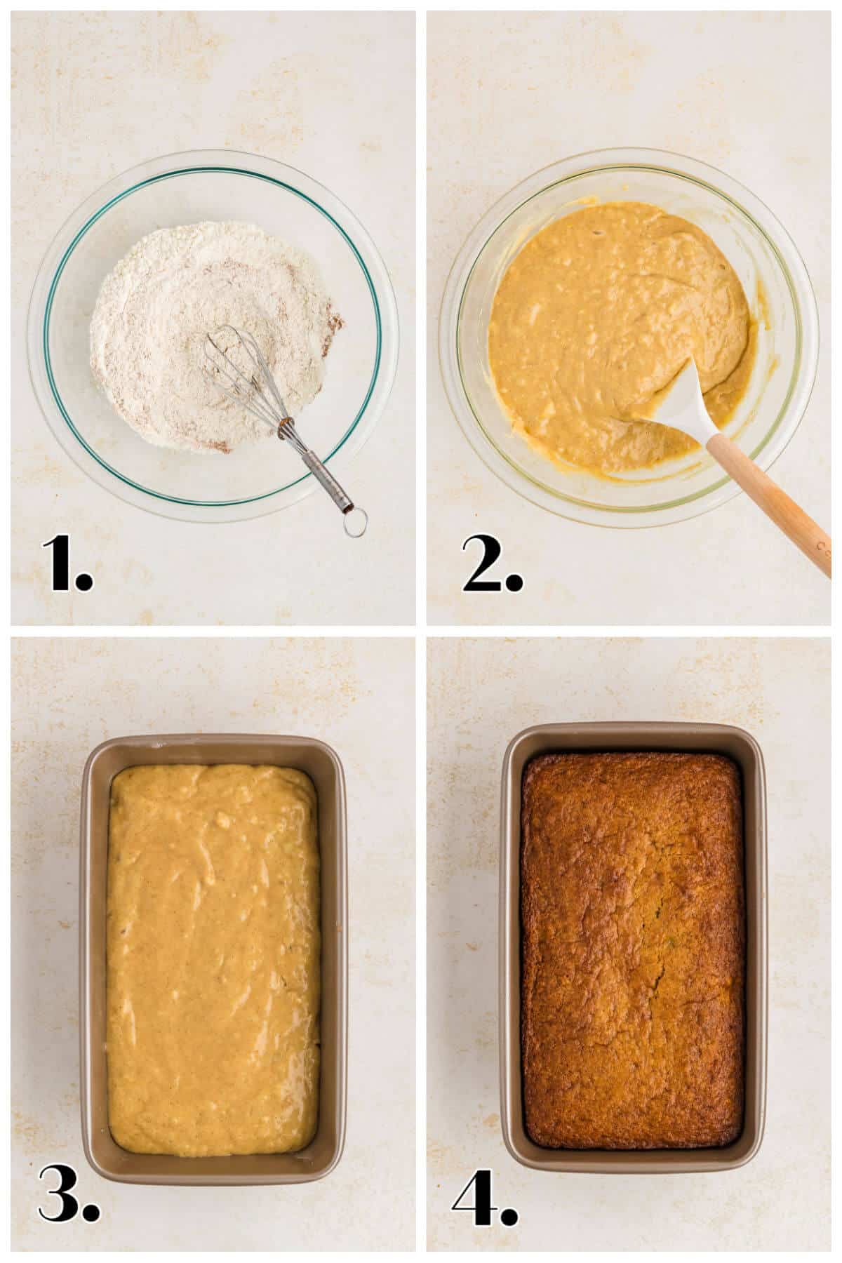 4-image collage showing the steps to make sourdough banana bread.