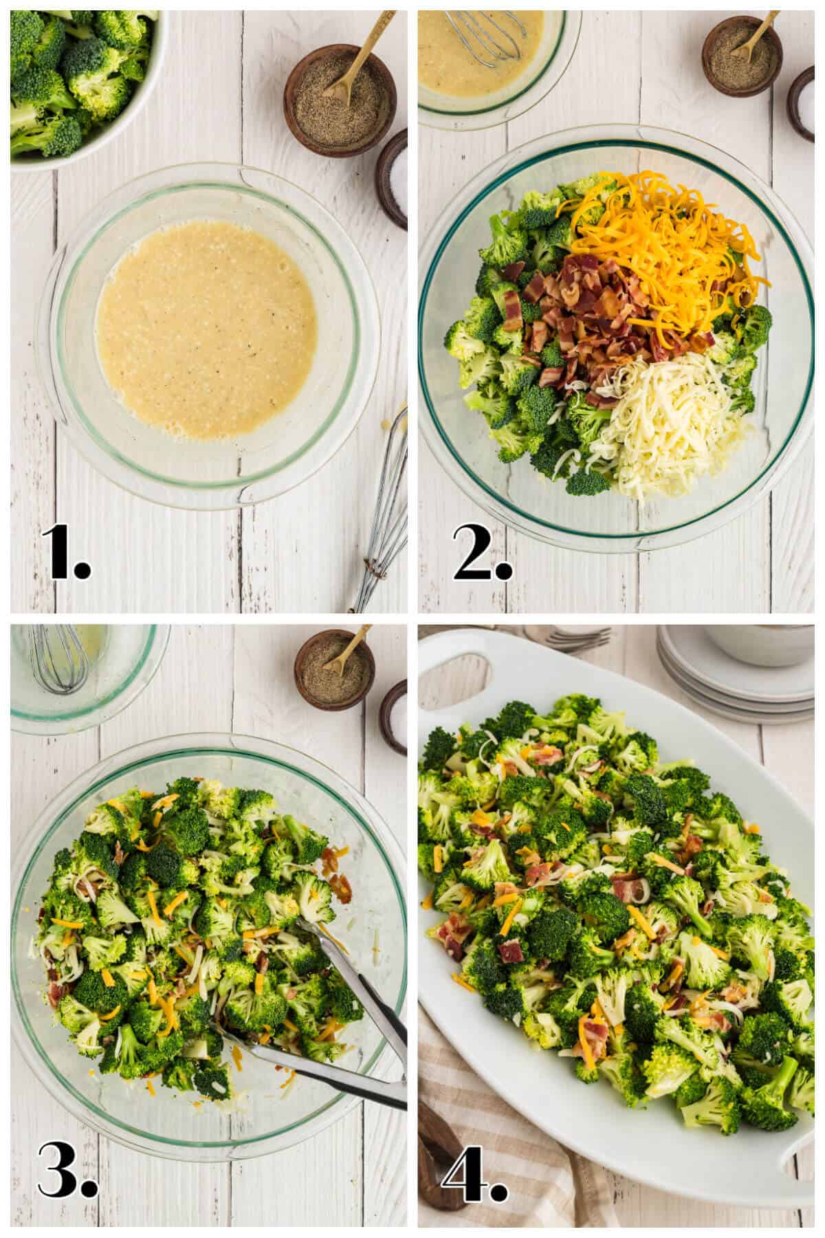 Four image collage showing the steps to make Broccoli Salad: 1- make the dressing; 2- combine the salad ingredients; 3- toss with dressing; 4- serve on a platter.