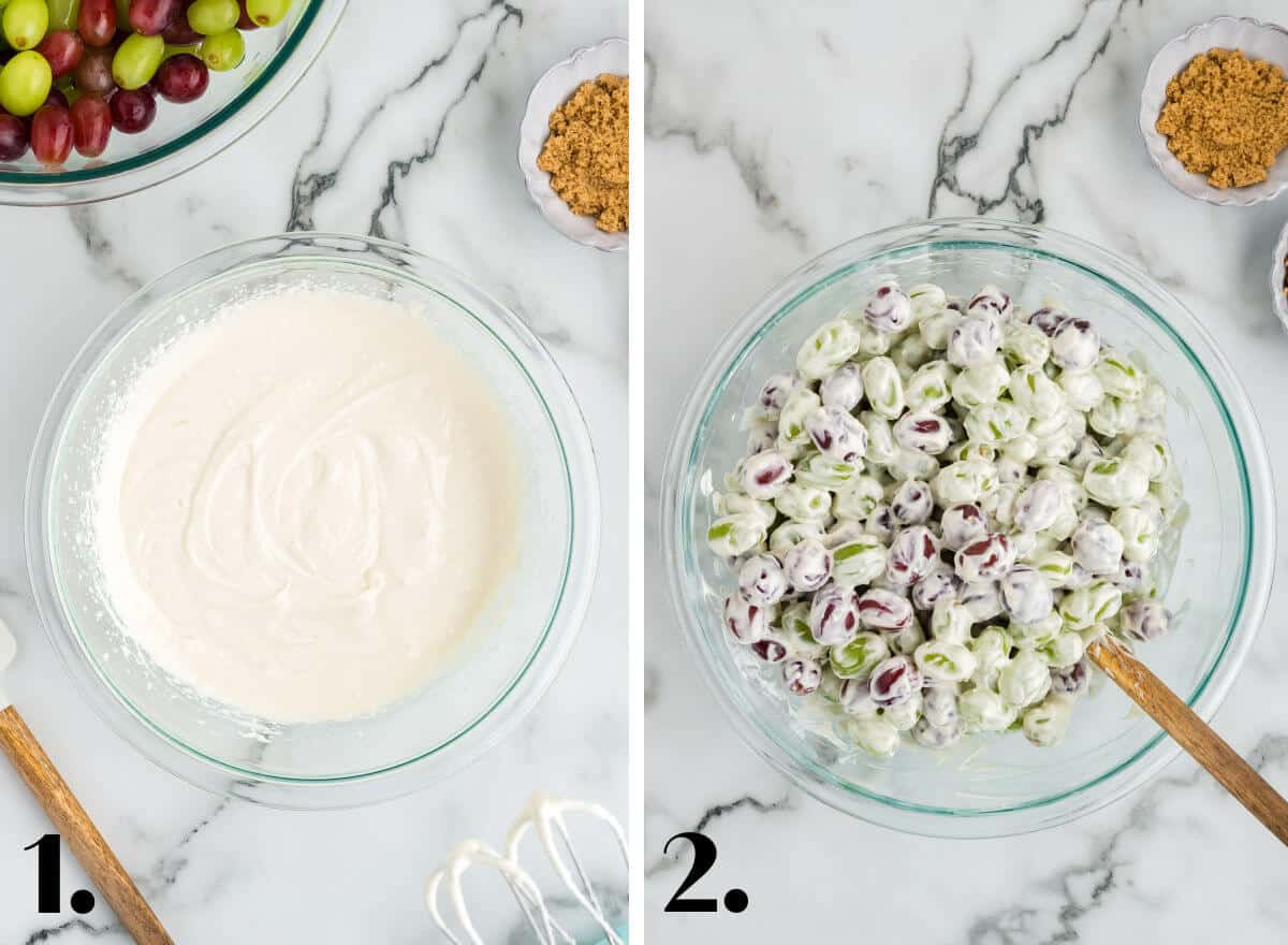 Two image collage showing the steps on how to make grape salad. 1- mix the dressing ingredients together; 2- combine the dressing with the grapes.