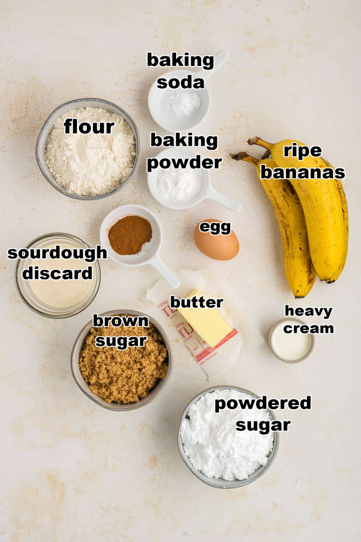 Ingredients to make sourdough discard banana bread.