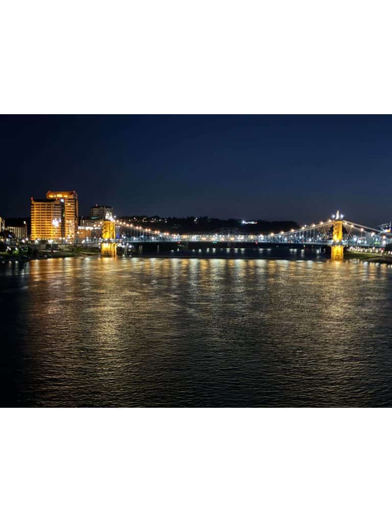 Night view of one of the bridges connecting Cincinatti OH and Kentucky