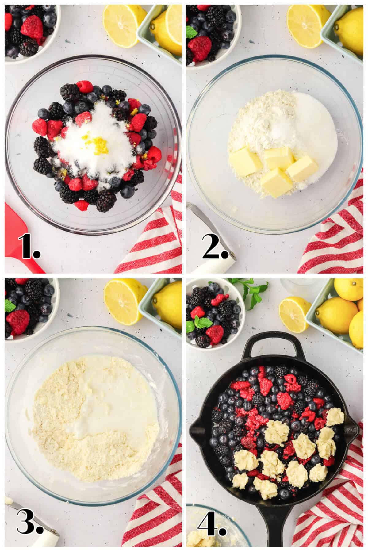 Four image collage showing the steps of how to make mixed berry cobbler recipe.