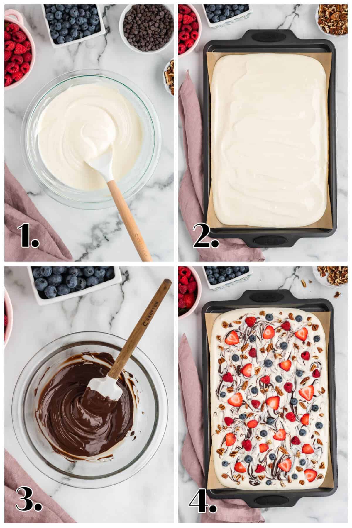 Four image collage showing the step to make Greek yogurt bark.