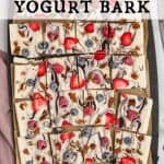 Squares of Frozen Yogurt Bark just cut on a cutting board. The bark has chocolate swirled through and contains strawberries, raspberries, blueberries and pecans. Text overlay reads: Frozen Yogurt Bark