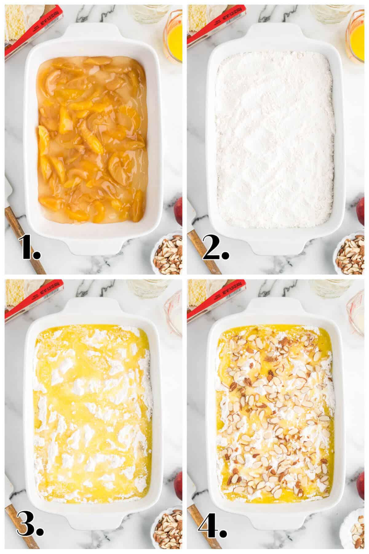 Four image collage showing the steps to make this easy peach cobbler with cake mix.