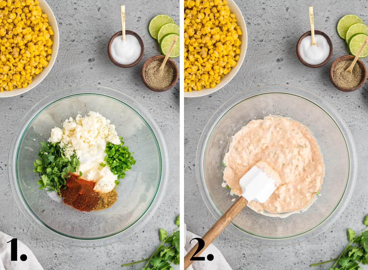 Two image collage showing the steps to making Mexican Street corn dip.