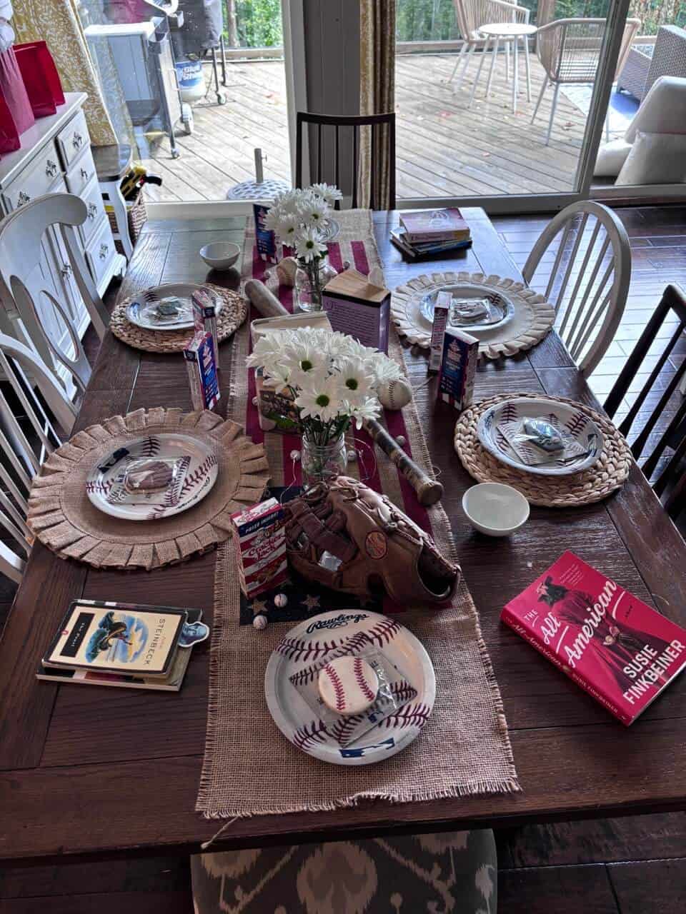 Tablescape for a baseball themed table that ties in with The All American book.