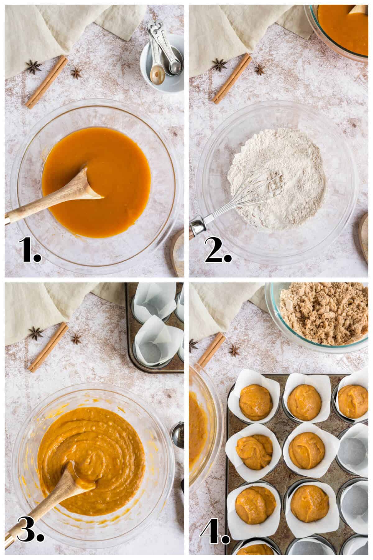 4 image collage showing the steps to make the pumpkin muffins.